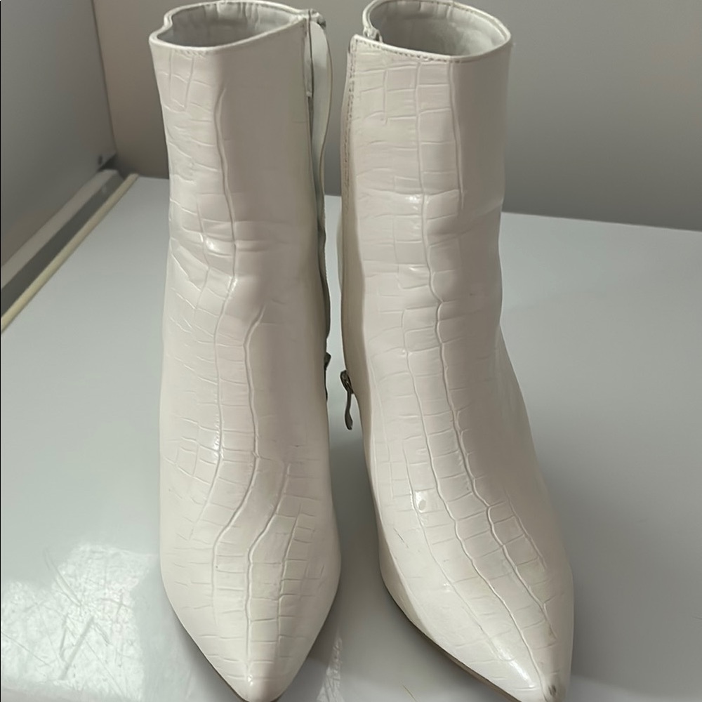 White Croc-Embossed Ankle Boots